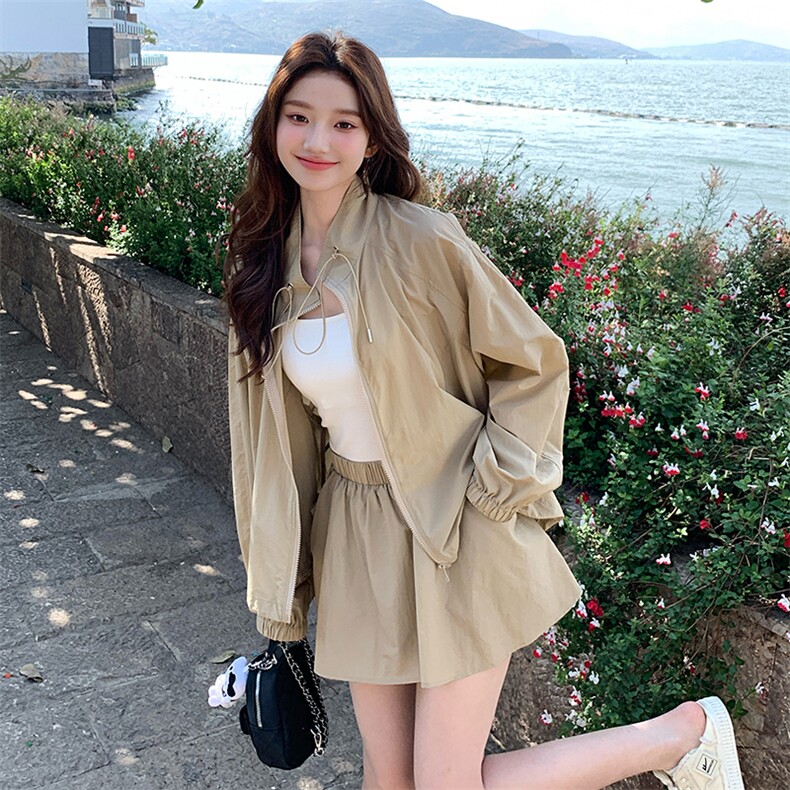 卡其色休闲运动套装女2025夏季新款韩系时尚轻薄防晒短裤两件套潮,女装套装/套裙,浙宝276（原081）