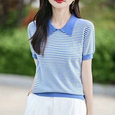 条纹短袖t恤女装2025夏季新款洋气小个子气质上衣羊毛针织衫百搭，女装T恤，斯美雅安迪绒