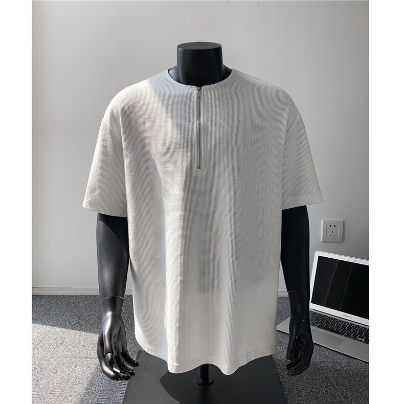 主推美式半拉链华夫格纯色短袖T恤宽松打底衫男女H1063特P20，男装T恤，电商A341