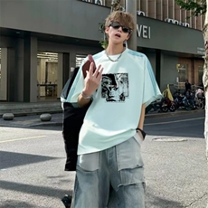 抖音得物品质二开240克宽松纯棉美式潮牌印花三条杠中性风短袖T恤，男装T恤，电商A486