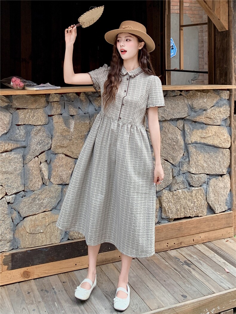 学院风格纹连衣裙女春夏收腰显瘦中长裙格子裙子,女装连衣裙,衣秀之家