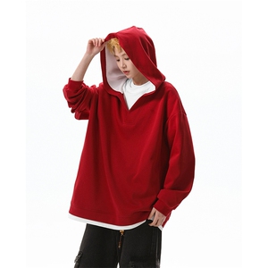 8XL-M叠穿假两件卫衣重磅连帽V领拼接套头衫宽松大码外套WY006P65图片