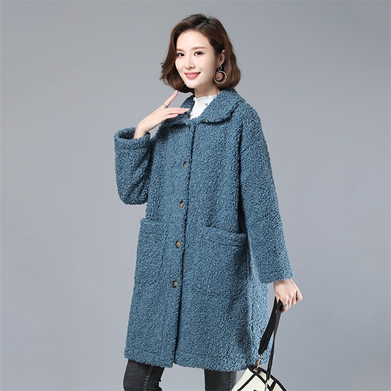 2020新款时尚女装长款翻领仿羊羔毛外套保暖显瘦大衣，女装羊羔毛/颗粒绒，叶笙衣
