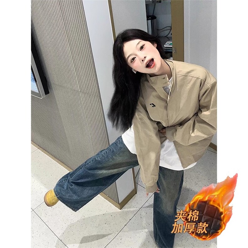800-P63立领夹克初春外套女2025新款宽松休闲美式复古潮牌情侣,男装夹克,电商B323A