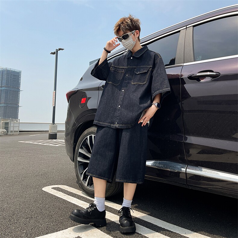 夏季薄款美式复古牛仔套装宽松休闲两件套,男装休闲套装,星座410-6（原星座1304-1）