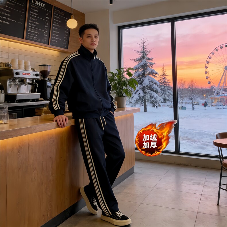 网络图现货潮牌编织运动套装经典三道杠宽松两件套JY22-P75绒85，男装休闲套装，星座715-7