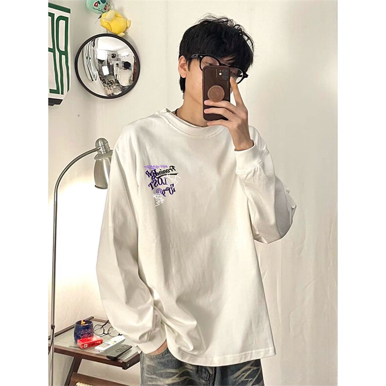 现货230克重磅精梳纯棉束口印花螺纹袖口长袖T恤打底衫ACT06，男装T恤，电商A443