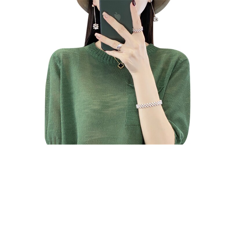 圆领竹节麻针织短袖女夏季新款带兜套头韩版T恤宽松显瘦半袖上衣,针织衫/毛衣,大美人包芯纱店