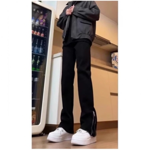 美式高街男女直筒修身侧面拉链牛仔裤加长黑色弯刀微喇裤S662 P36图片