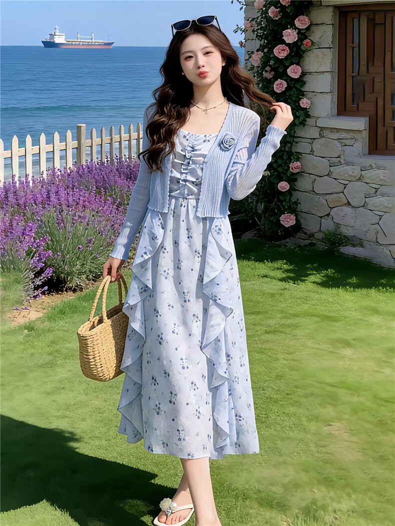 2026年夏季长袖针织开衫+吊带碎花连衣裙女度假风两件套裙,女装套装/套裙,贝蕾酷儿