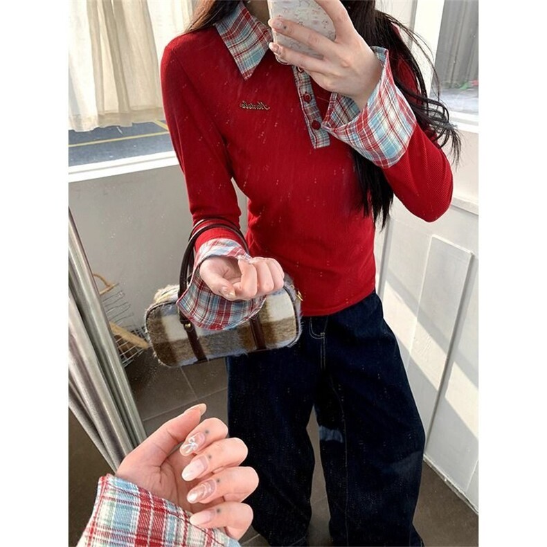 甜辣妹撞色拼接POLO领针织衫女冬季红色毛衣修身内搭长袖打底上衣,男装T恤,星座506A