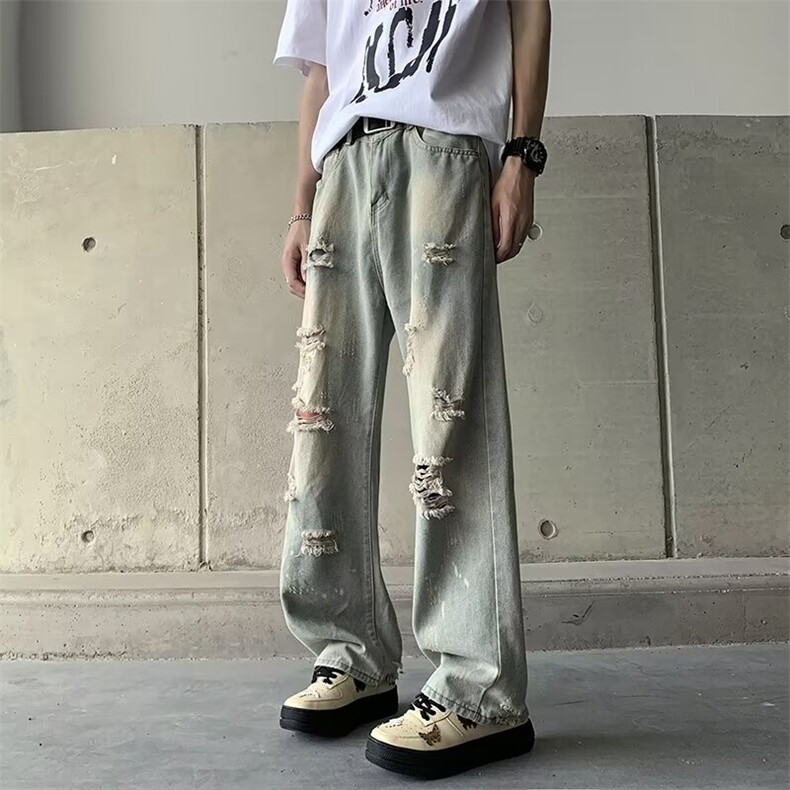 破洞微喇叭黑色牛仔裤男潮牌高街直筒显瘦宽松裤子设计感7064/P42,男装牛仔裤,星座506