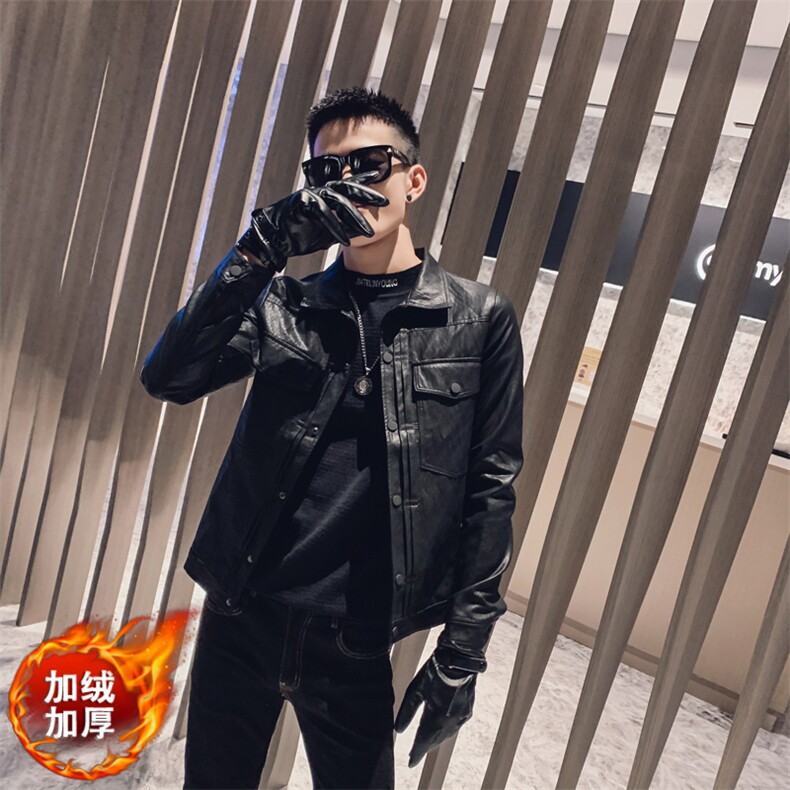 社会风纯色按扣刺绣修身PU皮衣夹克外套B297-M03-P120控158,男装夹克,电商B297
