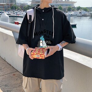 LD54074-P45 连帽短袖t恤男大码胖子带帽五分袖中袖图片