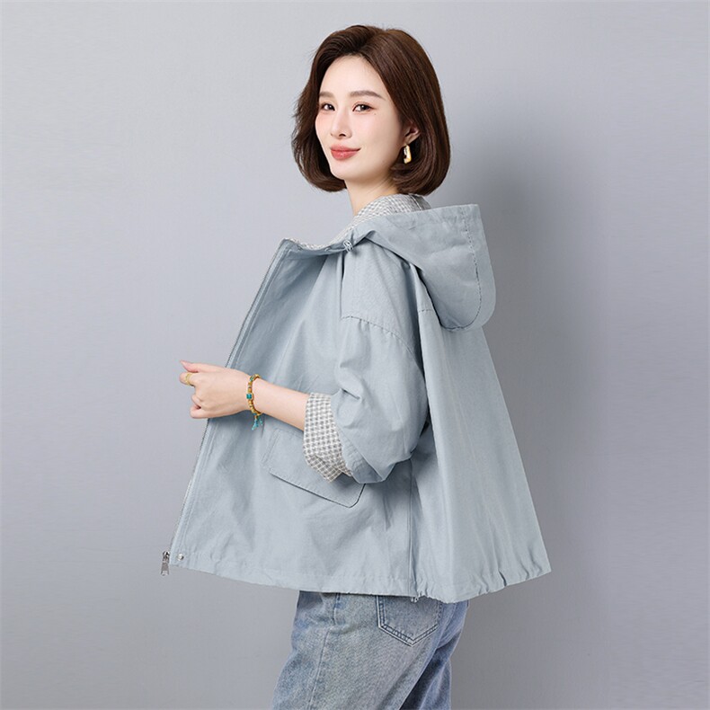 2025春季新款时尚设计感拼接格子连帽宽松休闲小个子风衣外套女,女装风衣,秋牧寒烟