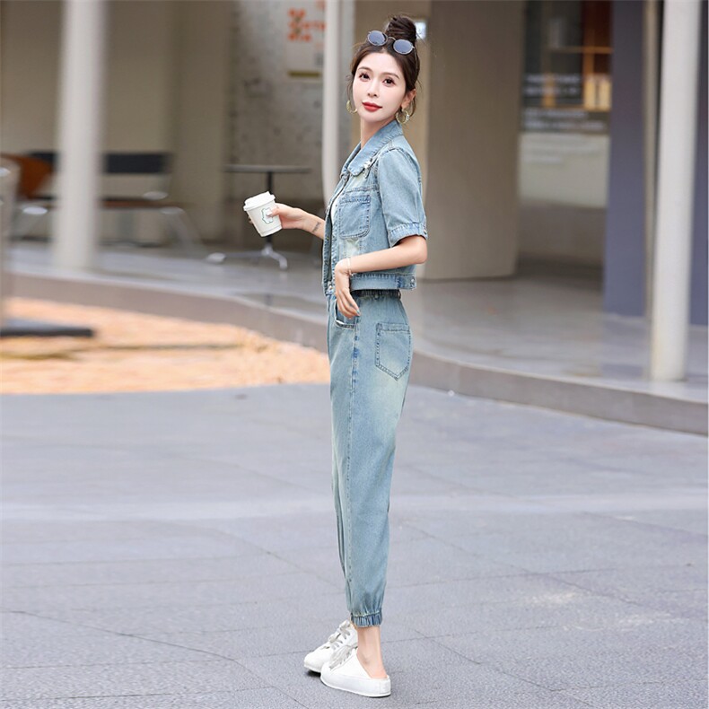 短袖牛仔套装女潮今年流行2025新款夏时尚洋气减龄时髦复古两件套,女装套装/套裙,意芙