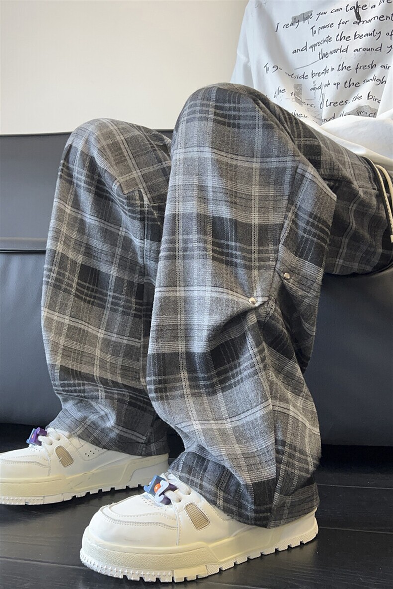 春季复古格子裤褶皱伞兵休闲裤直筒拖地裤A486特P45控68,男装休闲裤,电商A309