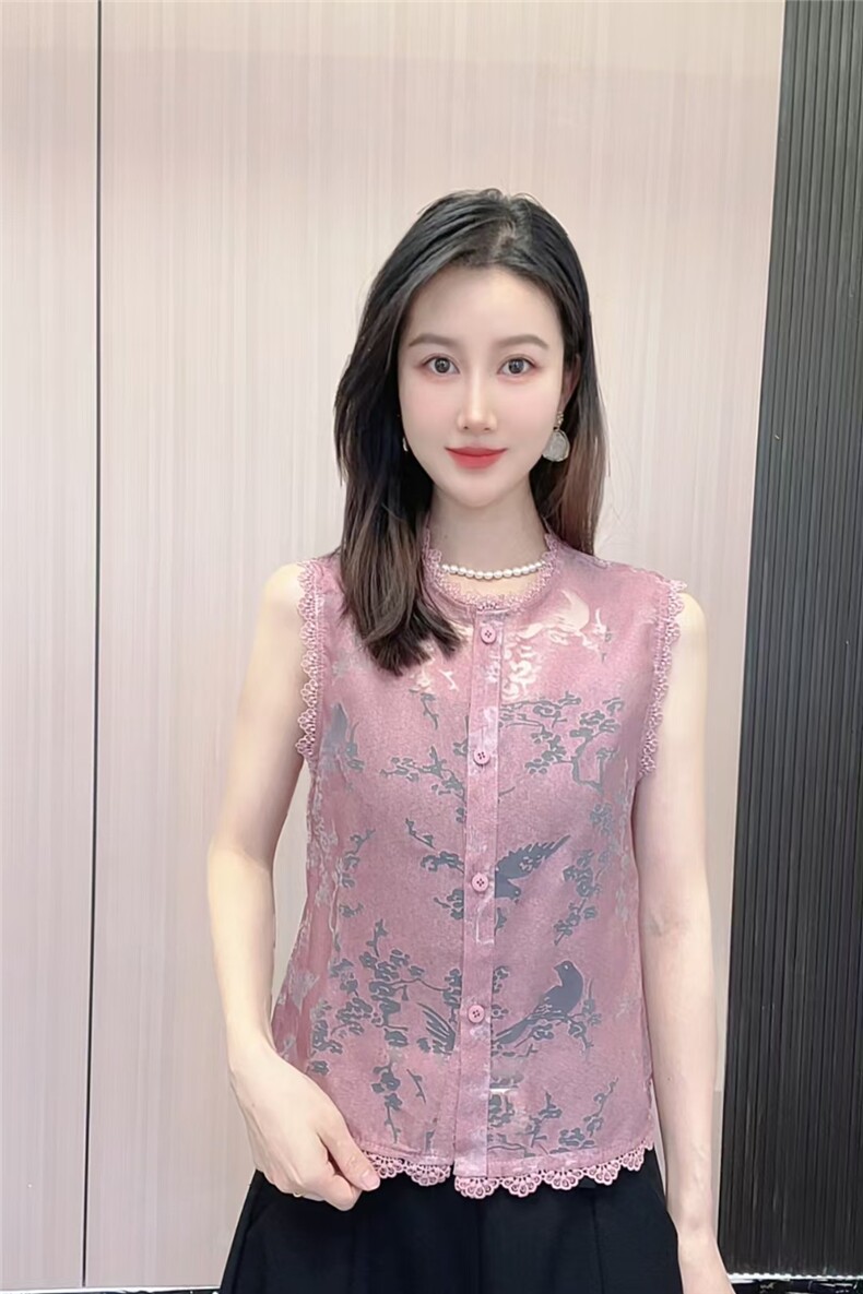 新中式蕾丝花边无袖衬衫女夏季新款气质显瘦百搭镂空提花马甲上衣,女装T恤,思沃羊绒