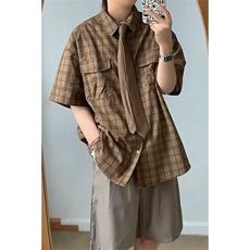 夏季美拉德衬衣宽松格纹设计感短袖工装衬衫男女情侣夏季CS139，男装T恤，星座208-5