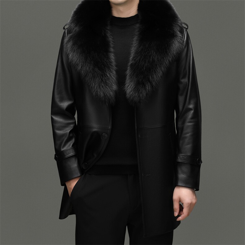 DLSN29510新款海宁真皮皮衣男头层牛皮长款皮风衣可脱卸毛领大衣，男装风衣，电商B360A（原721A）