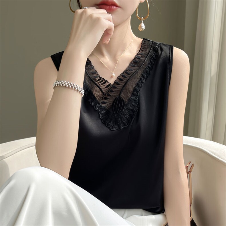 夏季真丝吊带背心女外穿醋酸缎面无袖打底衫宽松蕾丝拼接西装内搭，女装背心吊带，羊特美羊绒