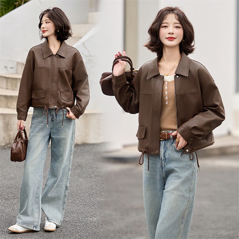 2025春季新款韩版休闲翻领短款皮衣抽绳外套女宽松百搭夹克上衣潮，女装皮衣，潮流依族