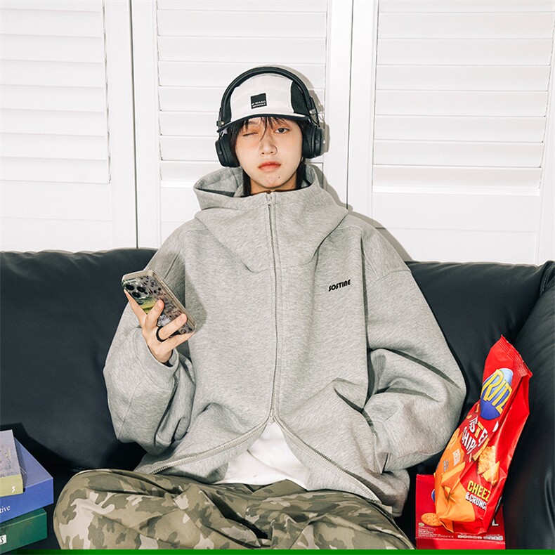 420g重磅连帽卫衣男款秋冬美式高街浅灰色外套宽松休闲情侣装上衣,男装卫衣,星座707-1