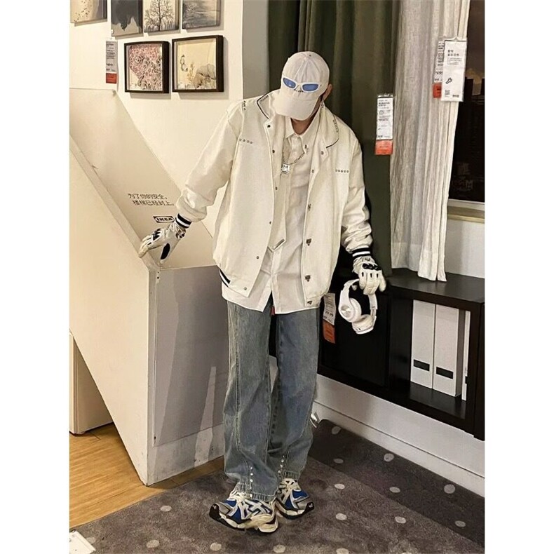 美式复古潮牌拼皮夹克外套男女情侣春秋款新款宽松翻领休闲棒球服,男装夹克,星座506A