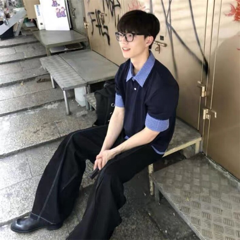 得物抖音高品质二开夏季美式潮牌高街假两件格子衬衣翻领短袖T恤,男装T恤,电商A486