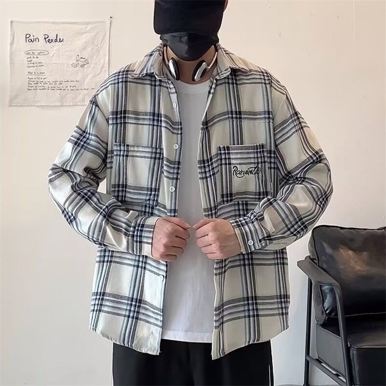 美式复古小众口袋格子衬衫长袖男潮牌休闲破坏毛边外套XC329/P38,男装衬衫,星座506