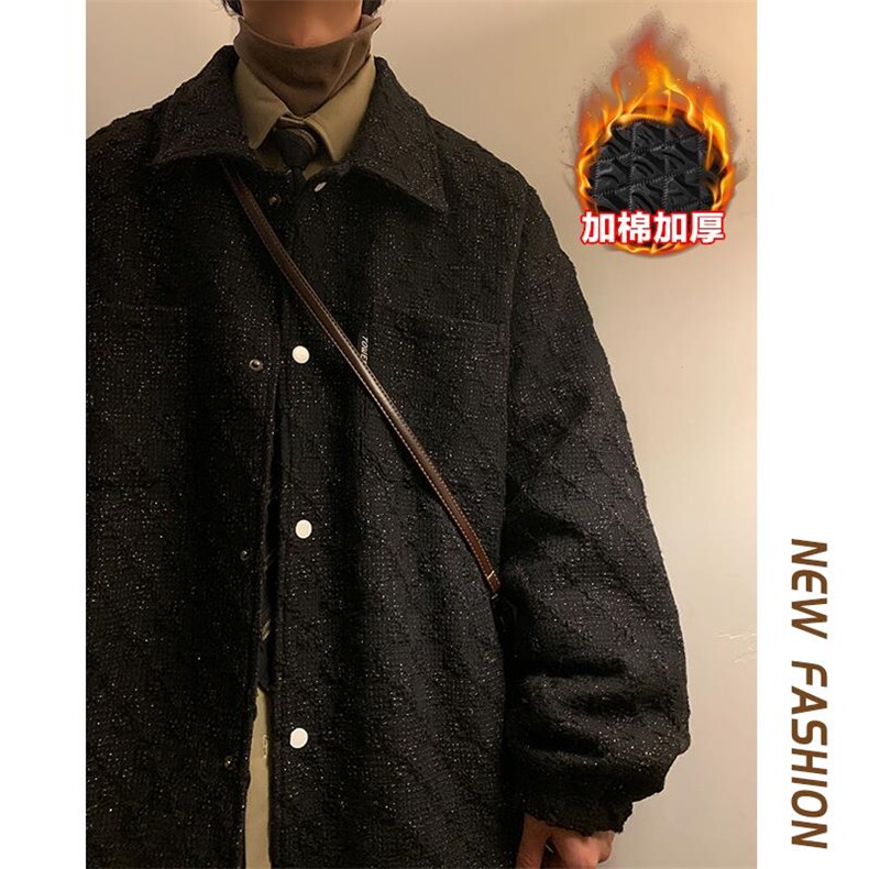 加厚百搭翻领港风高级感格子痞帅夹克外套男J595J加棉-特P95控118,男装夹克,电商A001