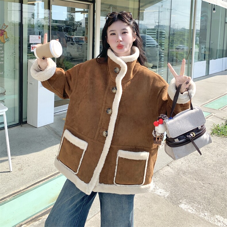 减龄两面穿咖色皮毛一体外套女冬季2025新款羊羔毛小个子加厚棉服,女装羊羔毛/颗粒绒,诺蝶
