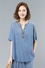 宽松大码显瘦天丝水洗牛仔休闲时尚女时髦洋气，女装T恤，叶笙衣