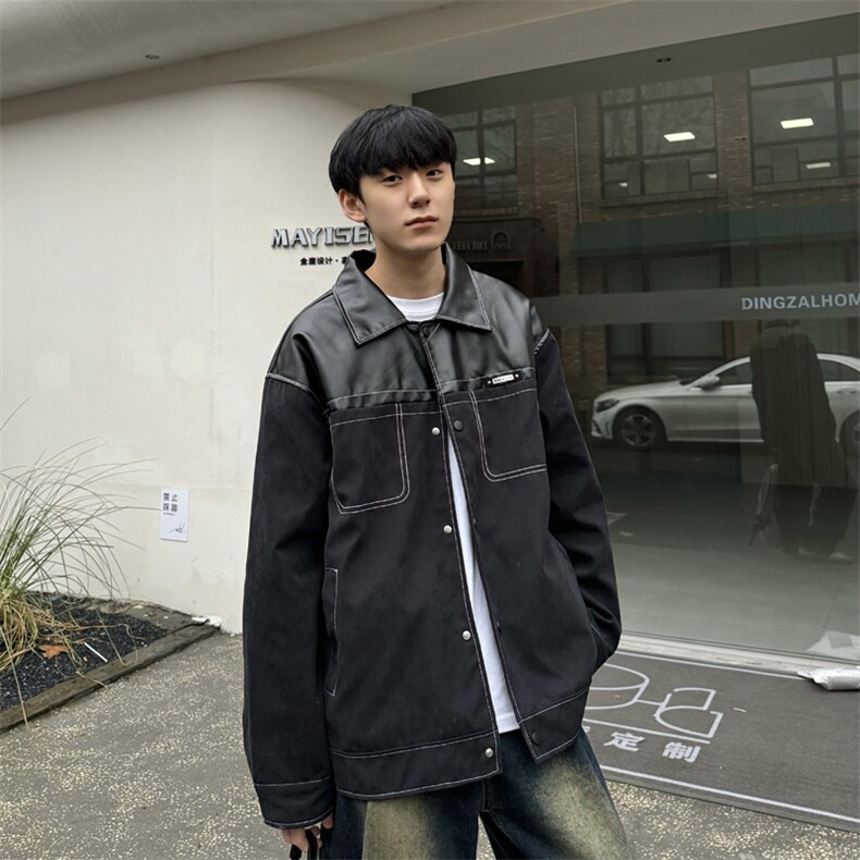 24春季翻领PU皮拼接仿麂皮绒夹克美式撞色痞帅外套Jk07-P85控118,男装夹克,星座218-5