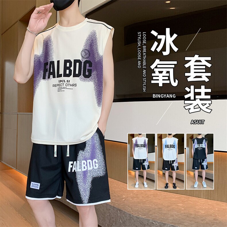 TZ801-P48 夏印花无袖T恤上衣港风青少年男生套装学生短袖短裤图片