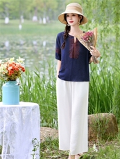 时尚洋气优雅刺绣套装女2026夏季新款复古气质宽松阔腿裤两件套，女装套装/套裙，魅影