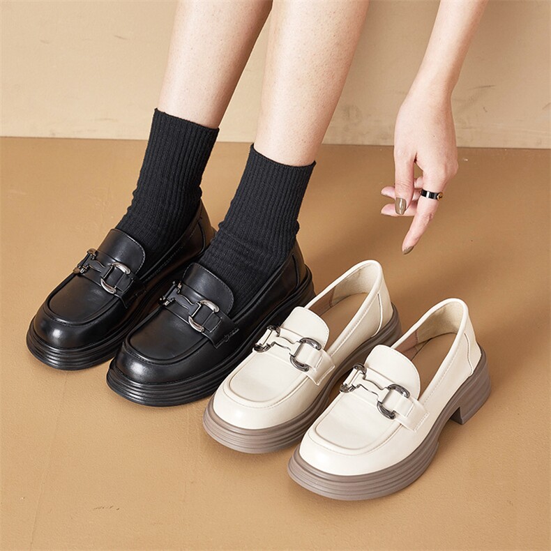 2024年春季新款厚底百搭复古软底乐福鞋英伦风金属搭扣小皮鞋女鞋，女鞋小皮鞋，星座1407-3