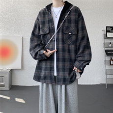 美式复古连帽格子衬衫大码磨毛长袖衬衣慵懒风宽松外套CS9007/P55，男装衬衫，电商B238