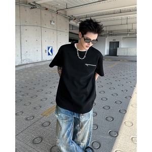 美式夏季港风短袖拉链T恤男潮流宽松圆领体恤衫上衣服T05577-P35