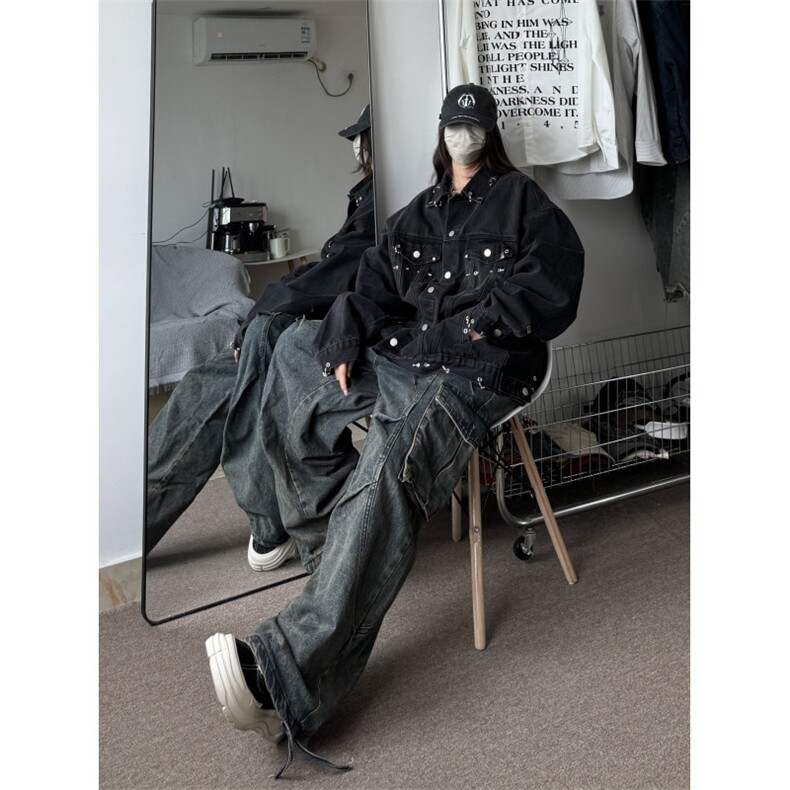 秋季新款港风美式高街中性男女拼接款翻领牛仔夹克潮 JK1294-P108图片