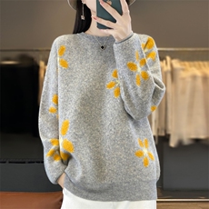 重磅刺绣钩花100%纯羊毛衫女圆领拼色加厚毛衣宽松打底羊绒衫上衣，女装羊毛衫，忠诺羊绒