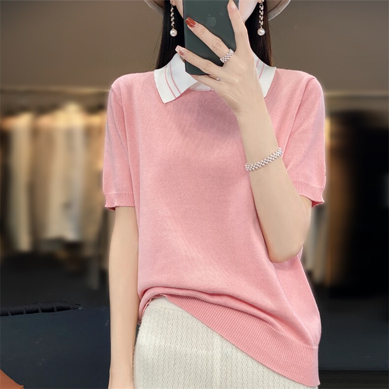 棉麻针织短袖t恤女2025新款Polo翻领休闲高端纯棉薄上衣漂亮小衫图片