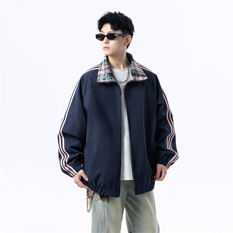 港风美式字母刺绣日系条纹立领夹克外塔男 XZ213-JK5529-P90控128图片