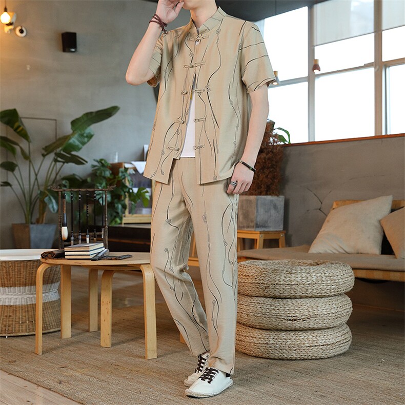 风套装男士夏季冰丝短袖复古风唐装汉服中式居士服HO6930-P65,男装T恤,星座1105-3