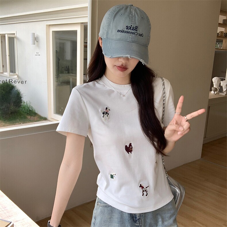 TT067-P35螺纹短袖t恤女2025新款刺绣短款修身正肩圆领韩版上衣，男装T恤，星座911-3