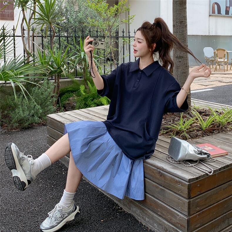 藏青色韩版学院风上衣两件套连衣裙女夏新款小个子格子吊带裙套装,女装套装/套裙,2C210