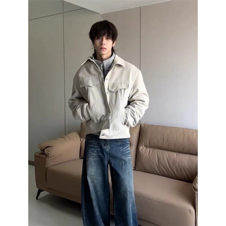 纯色外套男款2025春款杏色帆布工装廓形飞行员夹克休闲上衣,男装夹克,星座506A