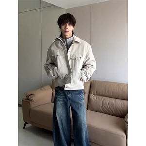 纯色外套男款2025春款杏色帆布工装廓形飞行员夹克休闲上衣图片