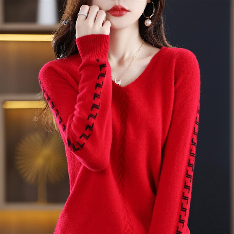 时尚女装V领长袖羊毛衫秋季新款修身显瘦百搭针织衫，女装羊毛衫，秋双羊绒