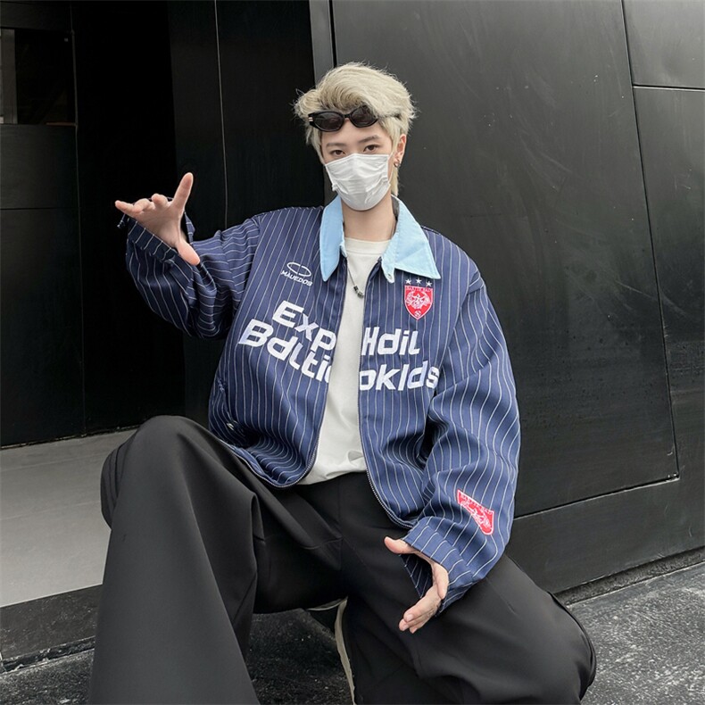 美式复古外套男女春秋宽松休闲条纹棒球服夹克JK0178-P70,男装夹克,星座308B-1